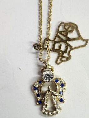 Danbury Mint gold-toned angel pendant 18" necklace W/blue and clear rhinestones